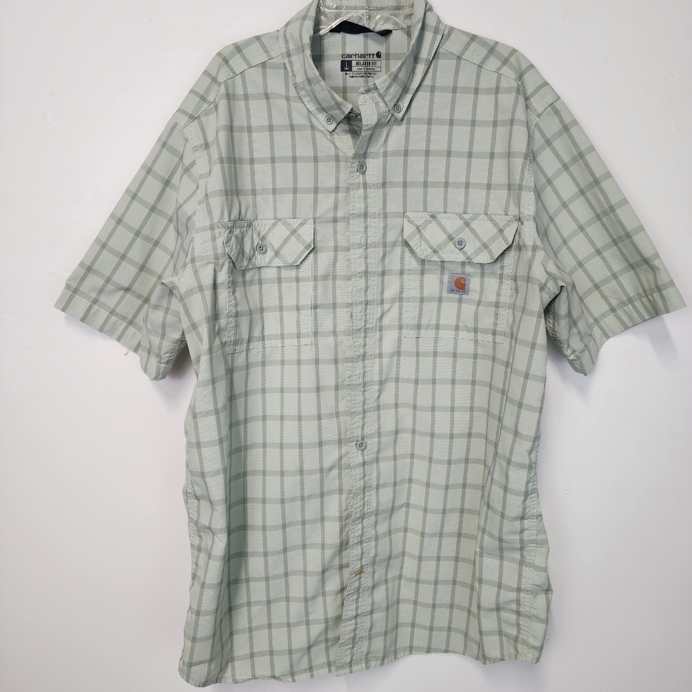 Carhartt Light Green Gray Plaid Shirt Short Sleeve Button Up Large Relaxed Fit